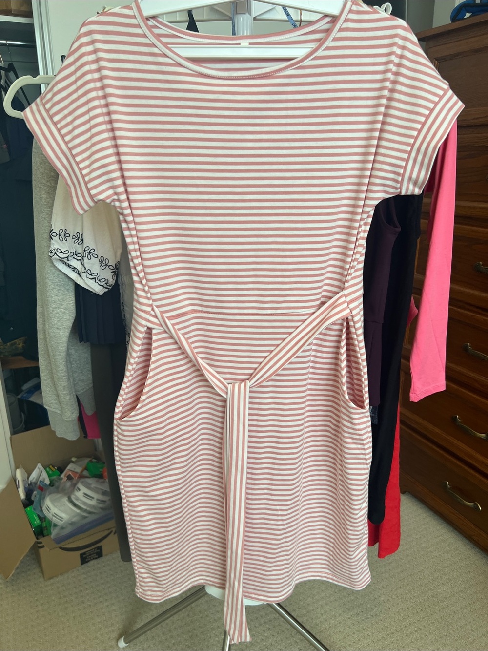 Amazon Pink and White Striped Mini Dress with Waist Tie